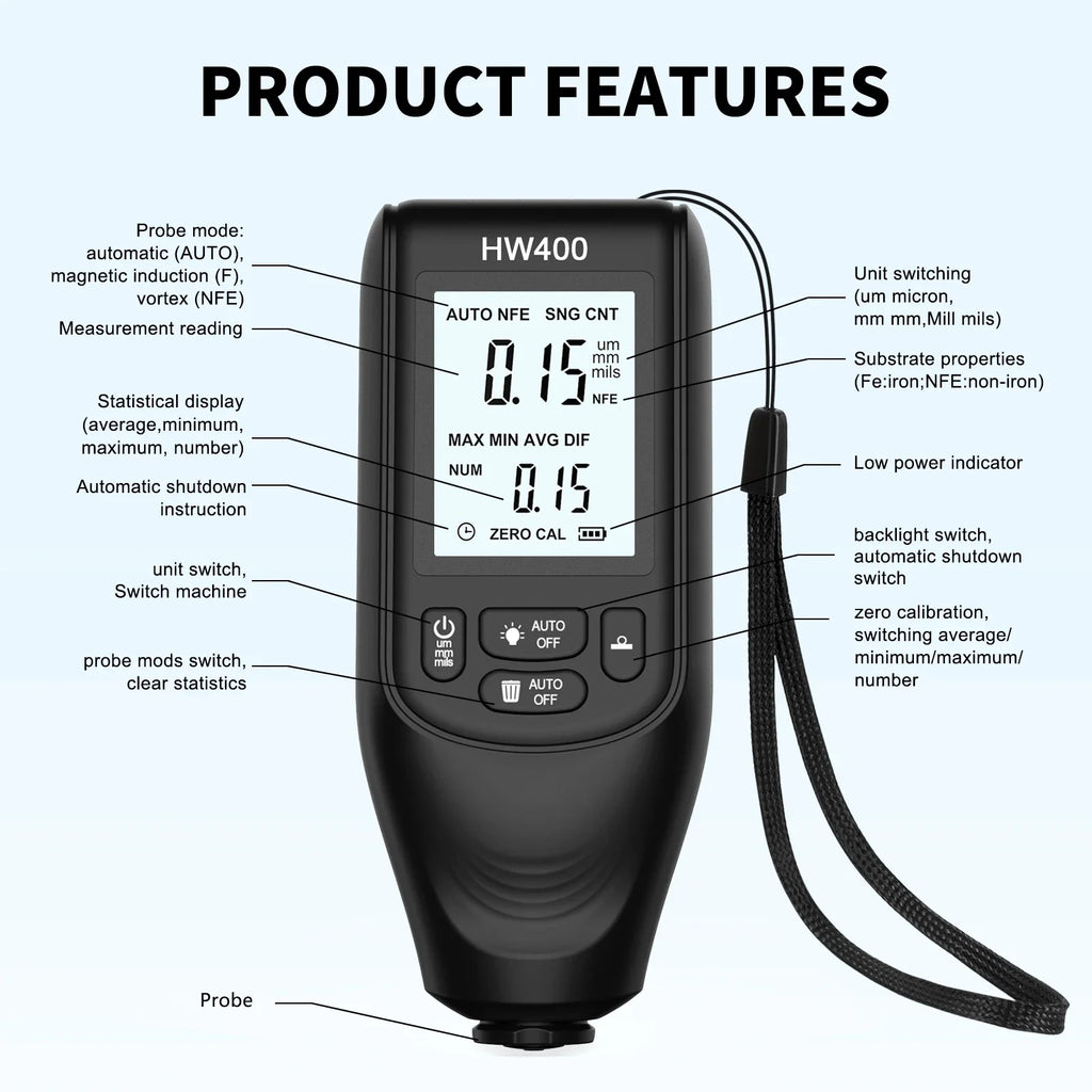 HW400 Car Paint Coating Thickness Tester Metal Electroplating Layer Thickness Measuring Tool 1PC