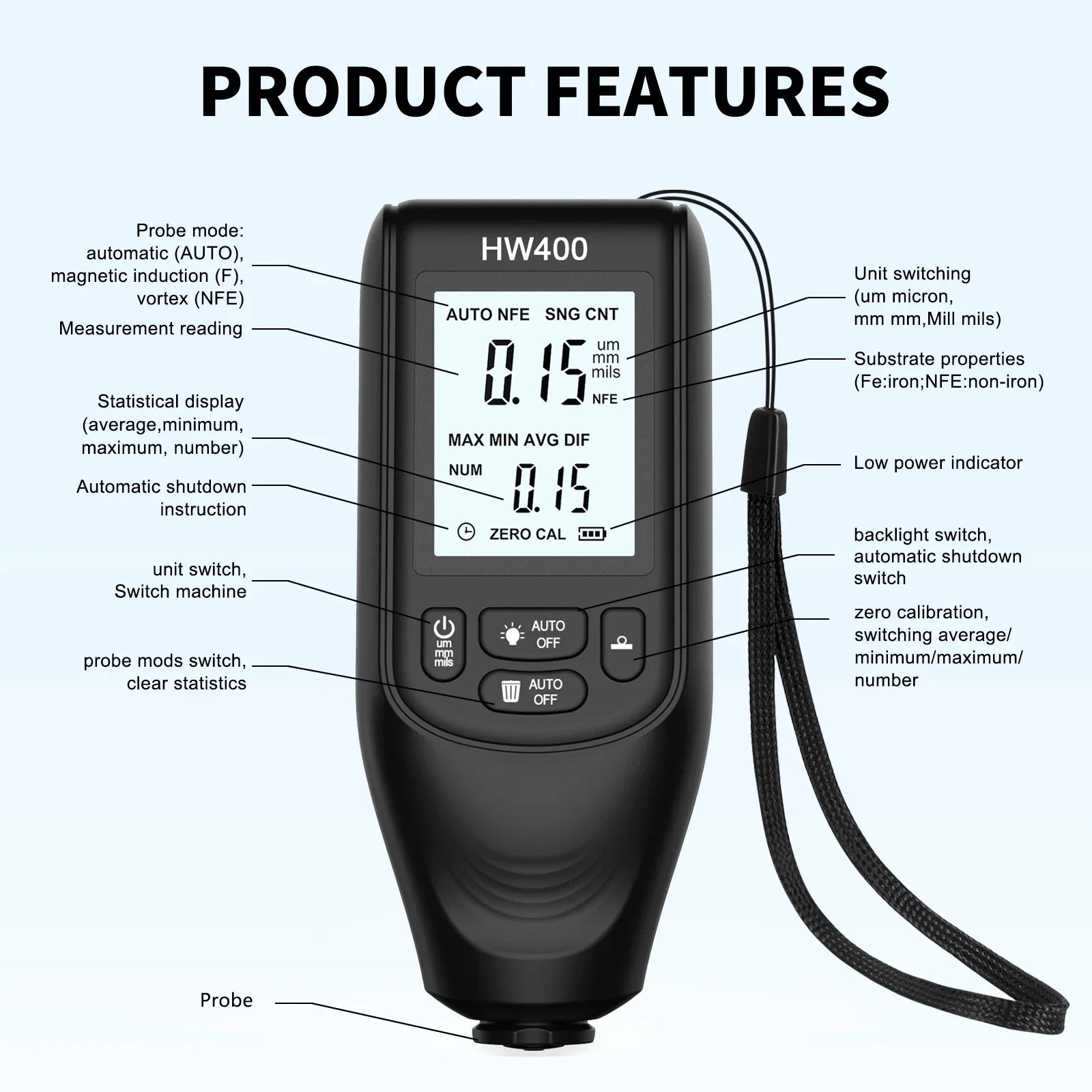 HW400 Car Paint Coating Thickness Tester Metal Electroplating Layer Thickness Measuring Tool 1PC