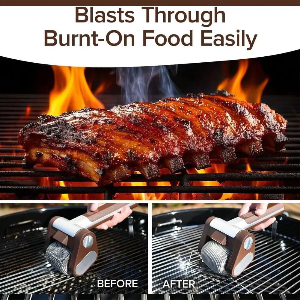 Electric Stainless Steel Grill Brush,Rechargeable Roller Type BBQ Grill Cleaner with LED Light,Outdoor Camping BBQ Cleaning Tool