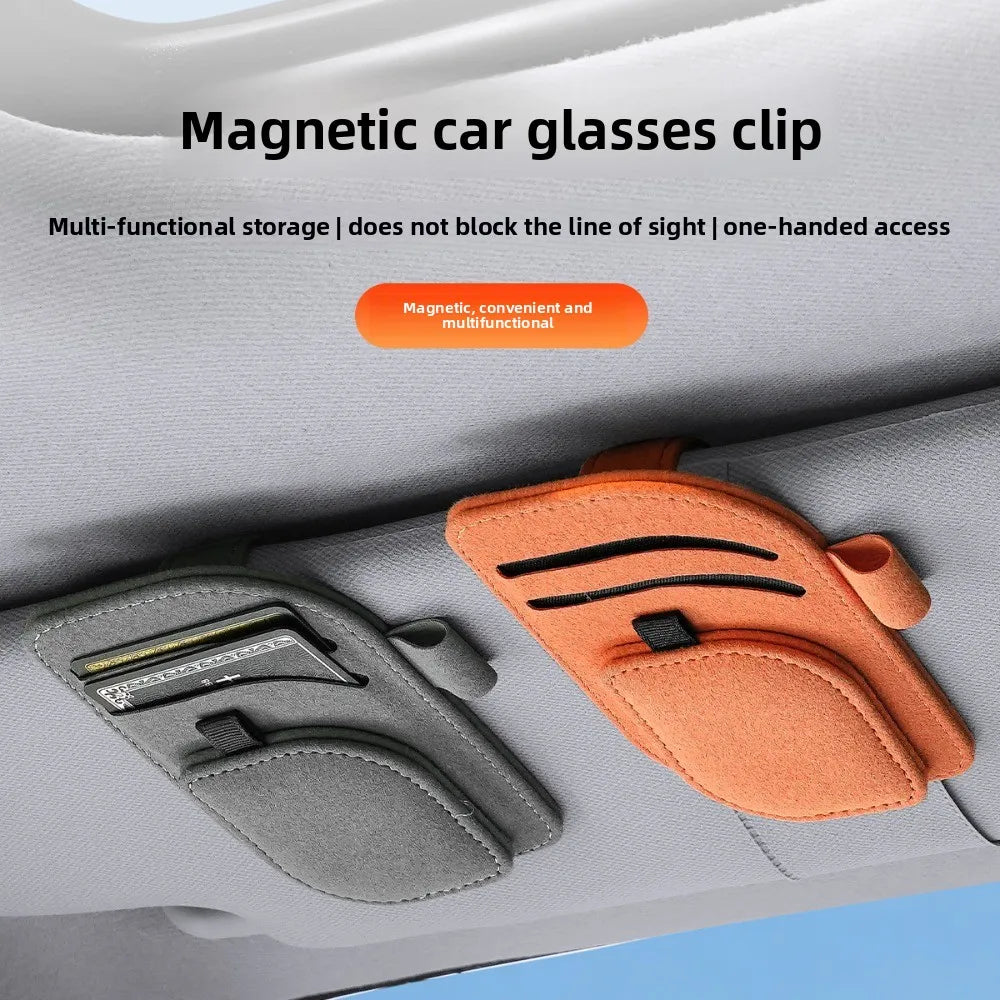 Magnetic Sunglasses Holder for Car Sun Visor, Leather Car Eyeglass Clip, Universal Auto Visor Glasses Hanger Ticket Card Holder