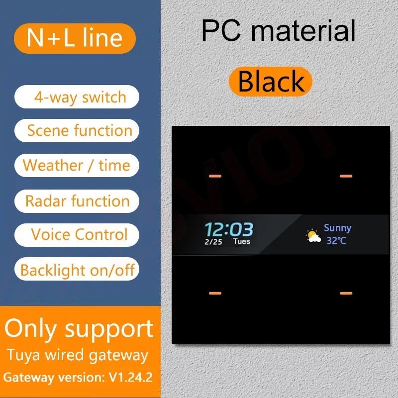Tuya Smart Zigbee Switch With Weather time display Human body induction function 4 Gang Wall Light Button Switch remote control