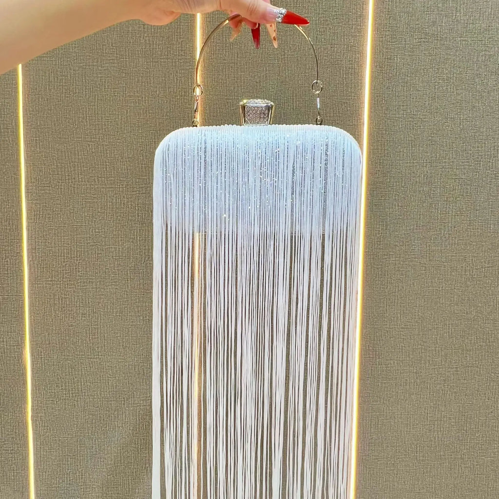 New Unique Sparkly Evening Bag with Long Tassels, Women Multi-purpose Handheld Shoulder Crossbody Purse for Formal Wedding Party