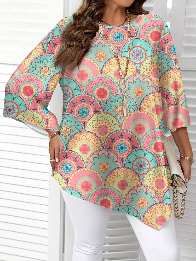 New Round Neck Plant Floral Seven Quarter Sleeved Top Loose and Elegant Plus Size Temperament Short Sleeved T-shirt  Commute