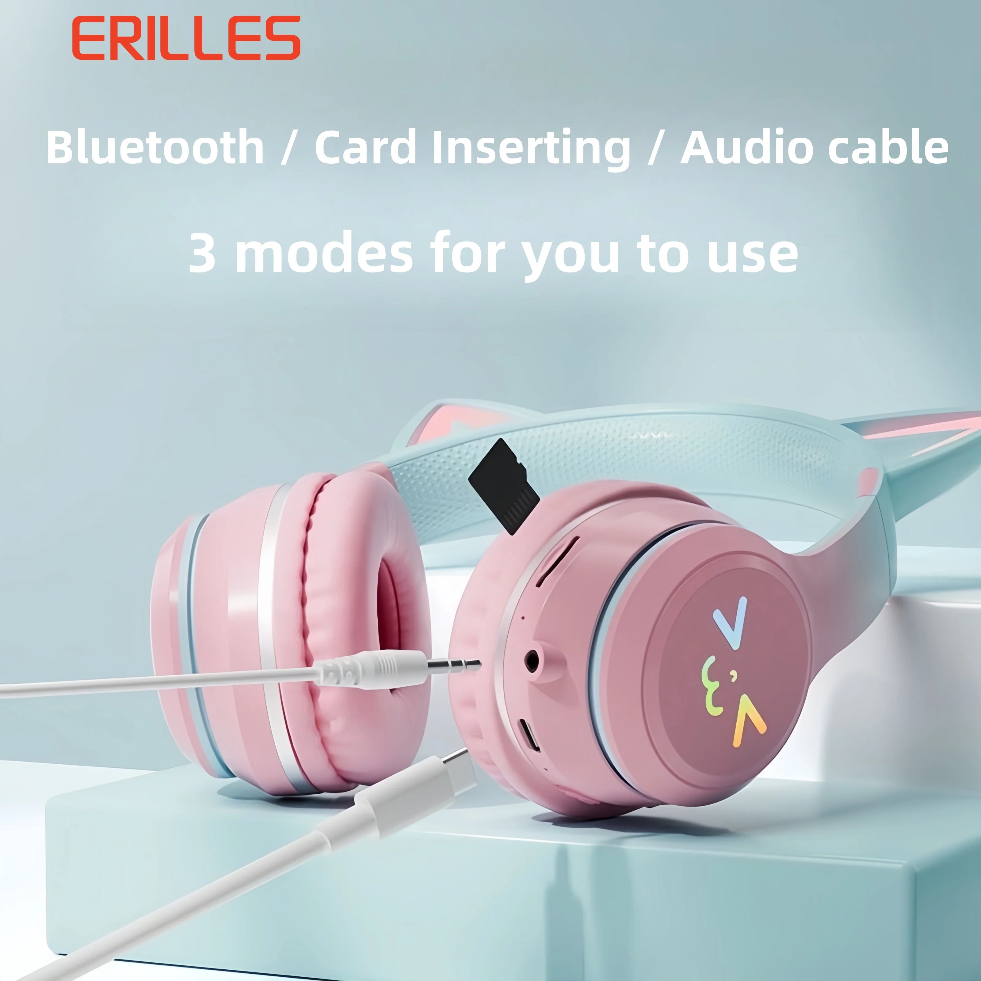 GRB Glow Gaming Headset Gamer Stereo Bass Cat Ear Wireless Earpods Bluetooth Earphones TYPE-C Cable Headphones Blutooth Handfree