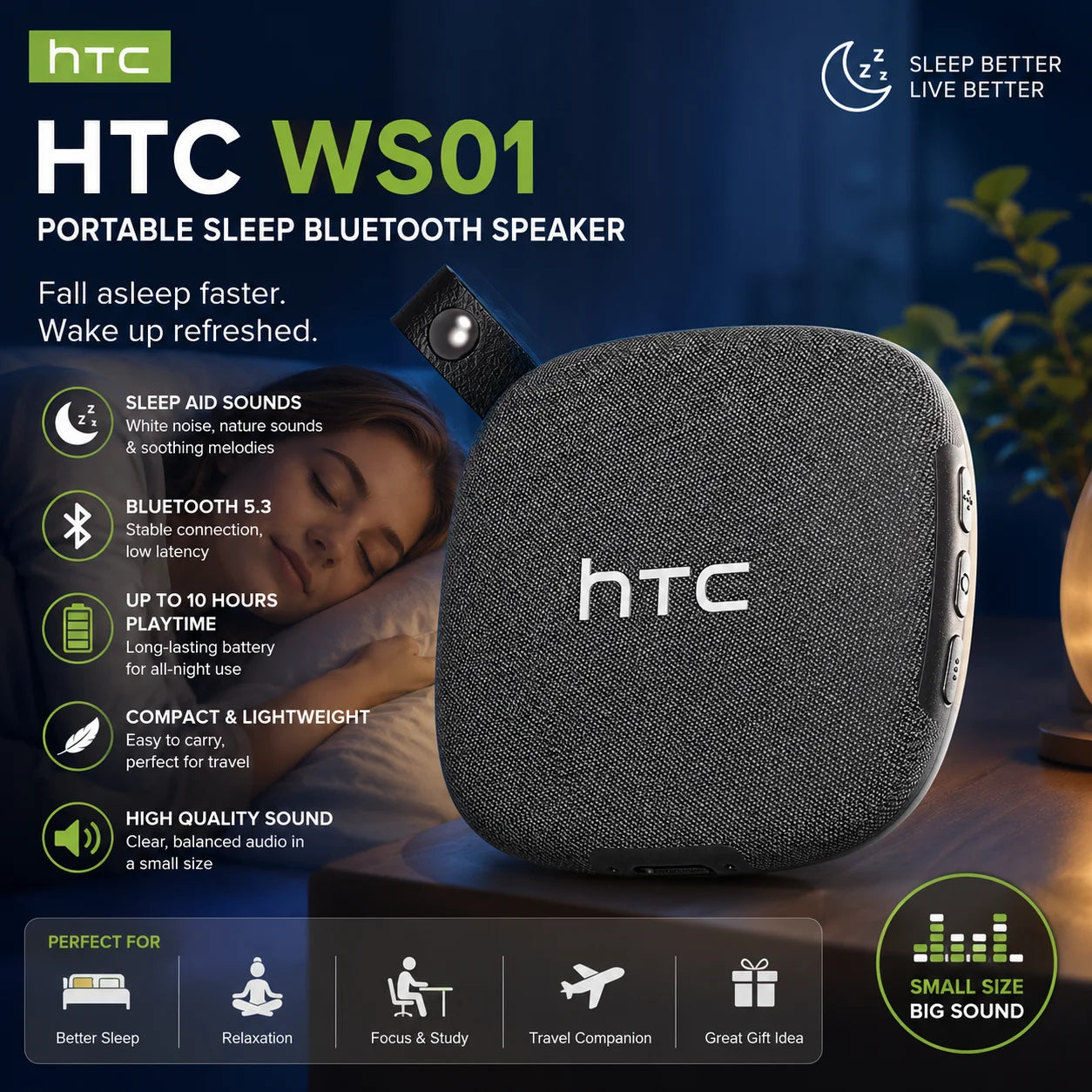 HTC WS01 Sleep Bluetooth Speaker Wireless HiFi Stereo TWS Pairing IPX5 Waterproof Built-in Mic Hands-Free Call for Home Party