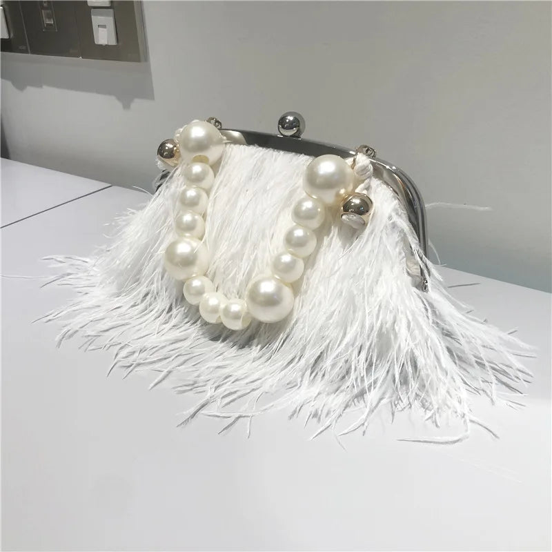 New Ostrich Hair Evening Clip Clutch Bag Fashion Lady Wedding Party Pouch Bag Chain Shoulder Crossbody Ostrich Feather Bag