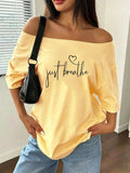 100% Cotton Plus Size Just Breathe Heart Letter Print Shoulder Loose Print T-Shirt Oversized Y2K Style Graphic Tees Women Top