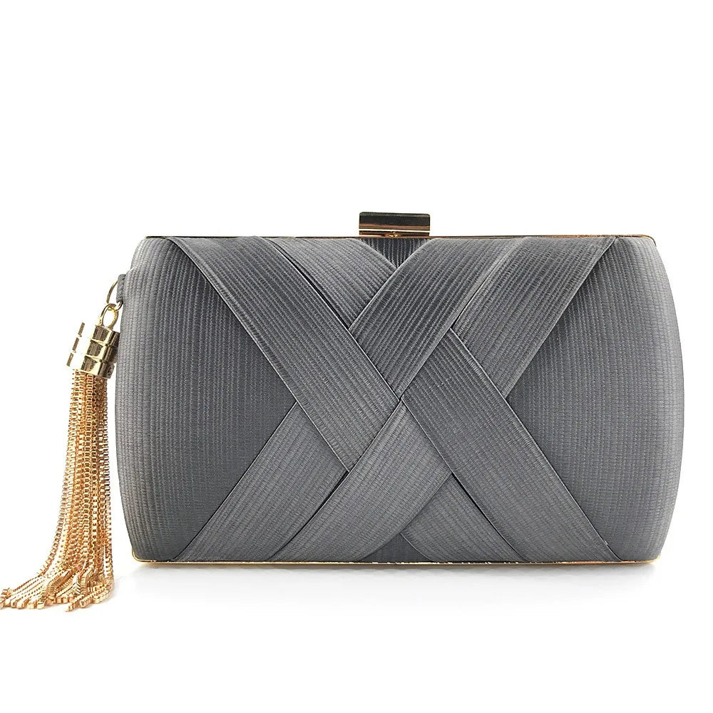 Casual Luxury Silk Fabric Dinner Handbag Tassel Chain Evening Banquet Bag Hand Hold Square Bridal Clutch Bag Wedding