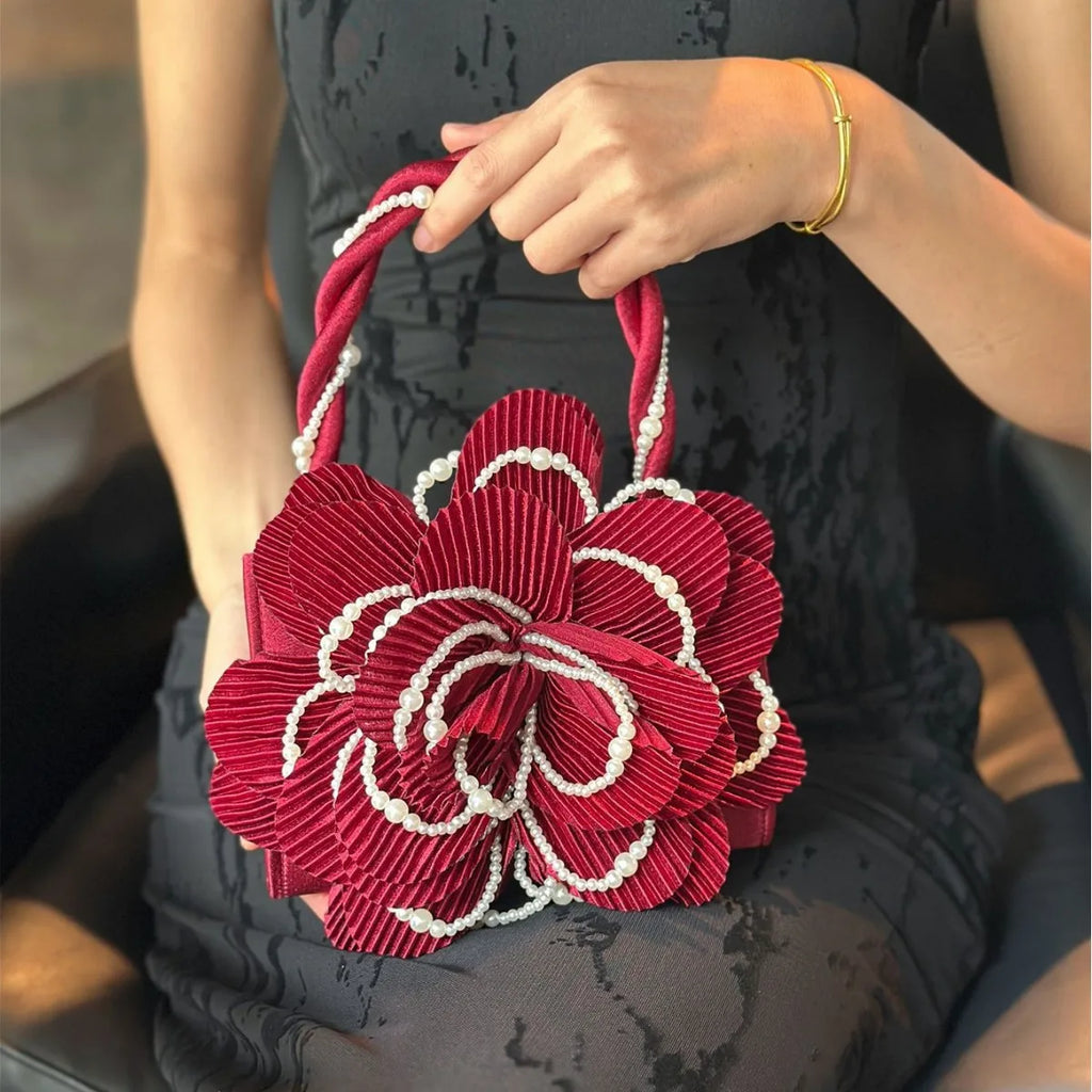 retro burgundy twist pearl cheongsam bag rose three-dimensional pink flower bag fairy bag diagonal straddle girl
