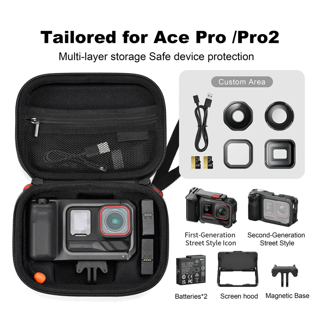 PU Carrying Case Shockproof Hard Shell Travel Storage Bag with Wrist Strap for Insta360 Ace Pro 2 Action Camera & Accessories