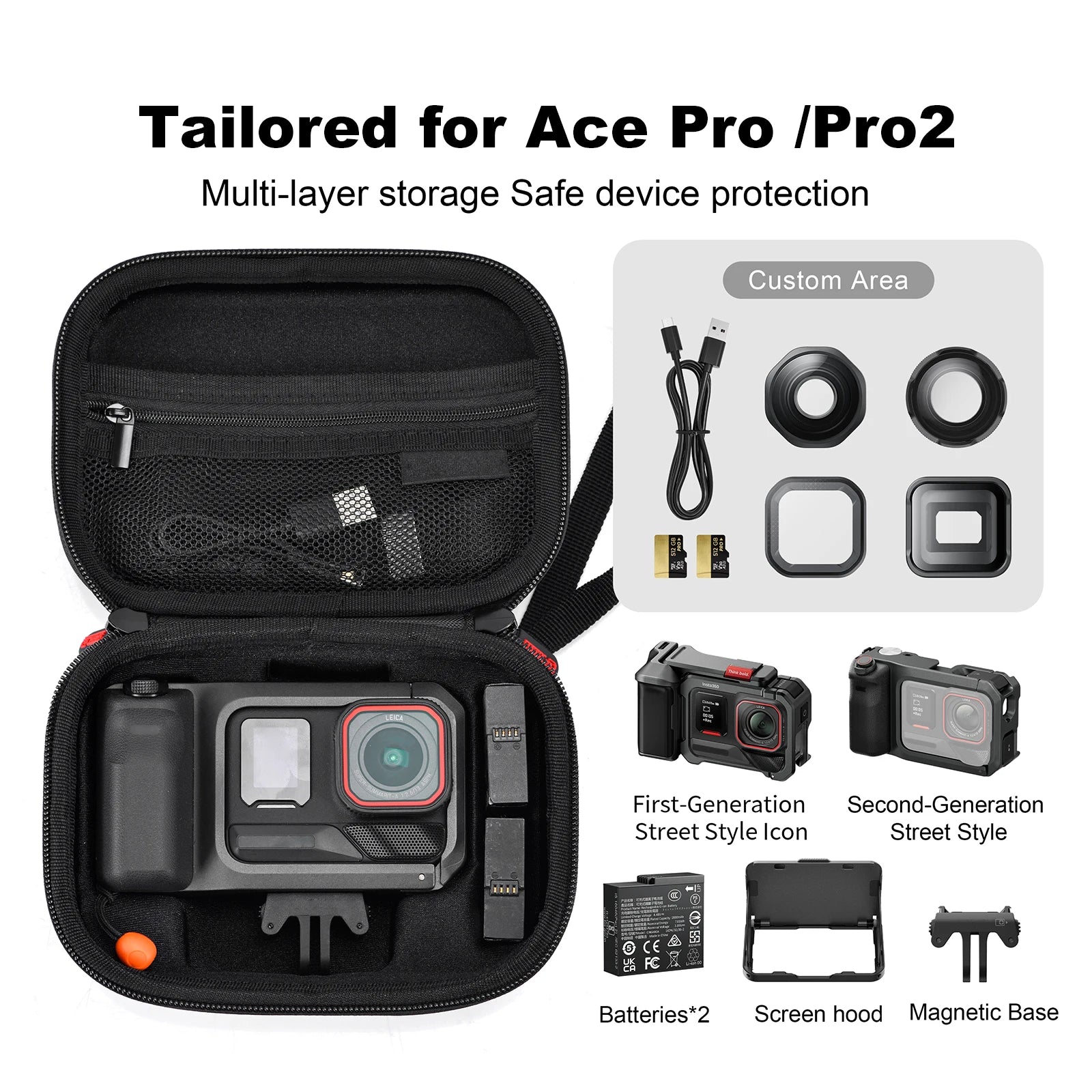 PU Carrying Case Shockproof Hard Shell Travel Storage Bag with Wrist Strap for Insta360 Ace Pro 2 Action Camera & Accessories