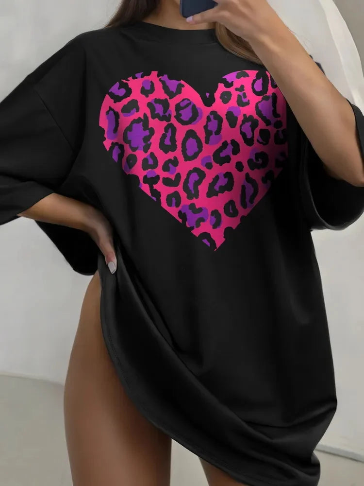 American Street Ins Pink Leopard Print Love Print Student Korean Version Summer Short-sleeved Top T-shirt Y2k Graphic T shirts