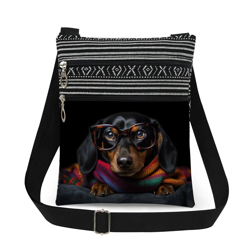 Cute Dachshund Print Crossbody Bag Female Floral Animal Shoulder Bags Fashion Outdoor Portable Double Zipper Lady Messenger Bag