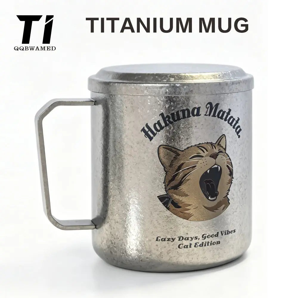 Titanium Mug Double-Layer Anti-Scald Titanium Cup Camping Coffee Cup 450ml Cat and Dog Themed Couple's Cup