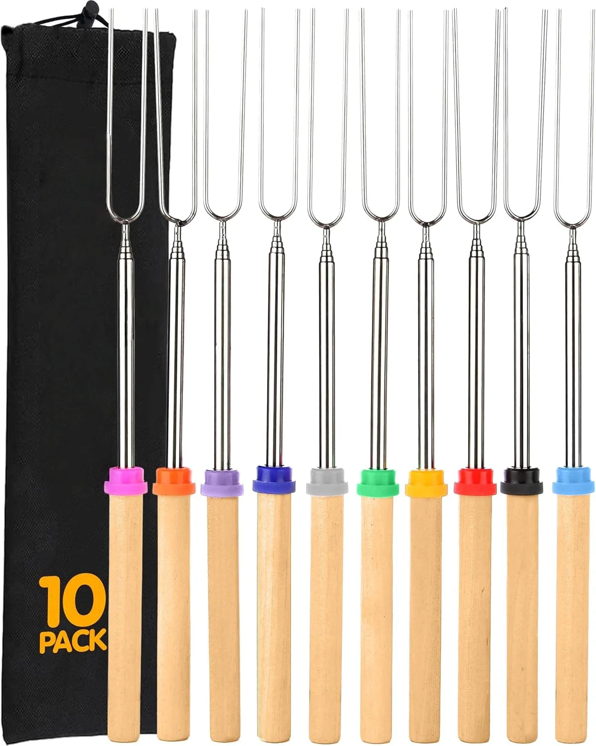 10 Pack 32 Inch Long Campfire Roasting Forks S'mores Kit For Marshmallows Hot Dog BBQ Skewers Outdoor Camping Fire Pit Tools