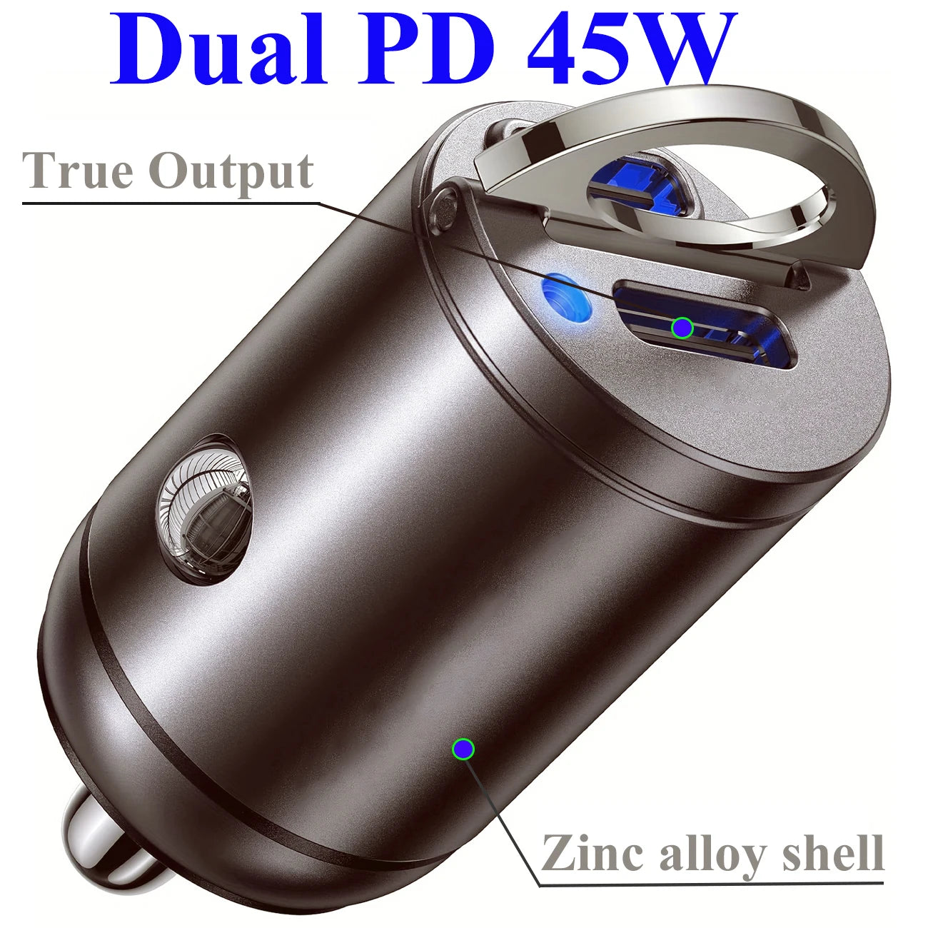 Mini Fast Dual PD 45W USB C Car Charger Adapter, Zinc Alloy Shell, 2-Port Cigarette Lighter, Car Charger for Phone Laptop Tablet