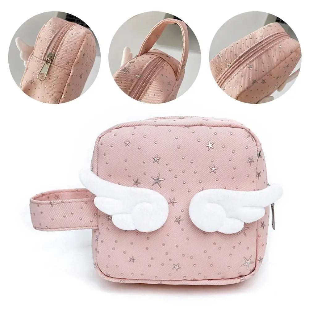 Angel Wing Silver Star Makeup Bag Large Capacity Travel Cosmetic Pouch Cute Sanitary Pad Organizer Lipsticks Wallet Girls Gift