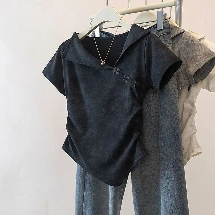 Spring and Summer Plus Size Women's New Design Notched Collar Waist-Cinching Slimming and Hiding Flesh Short-Sleeve T-Shirt