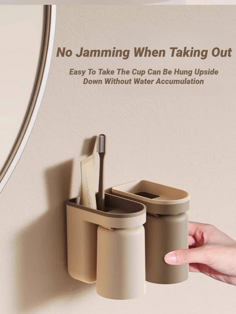 Innovative No Drill Wall Mounted Light Luxury Toothbrush Mouthwash Cup Storage Rack Couple Bathroom Organizer