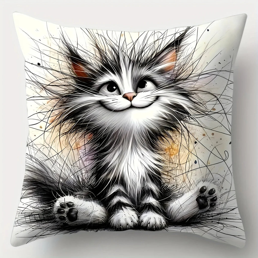 4Pcs Cute Cat Pillow Covers - Modern Cartoon Design, Zipper Closure, Polyester Material, Home Decor for Living Room Sofa