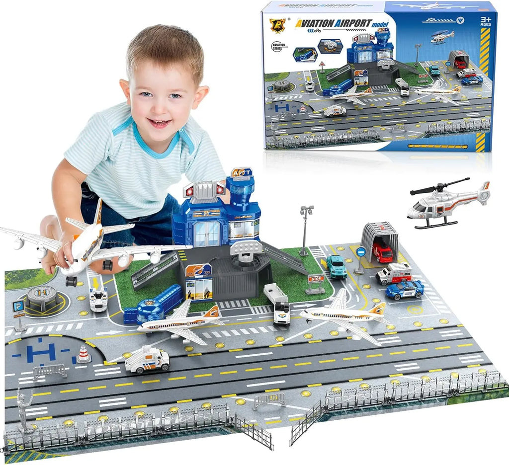 Children's Airport Scene Toy Set with Car, Helicopter, Airplane, Tower, and Airport Play Mat, Transport Aircraft Model, Suitable for Children Aged 3-12, Birthday Gift, Christmas Gift, New Year Gift