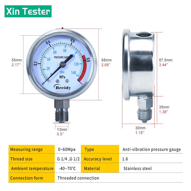 Xin Tester Dia 100mm Pressure Gauge 0-60MPa Glycerin Free Air Oil Hydraulic 0-60mpa Anti-vibration Manometer Thread G1/2 G1/4