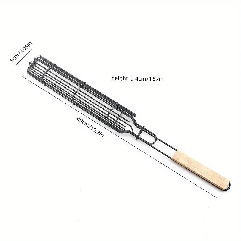 1pcs, Nonstick Stainless Steel Kebab Grilling Basket with Wooden Handle - Perfect for Hot Dogs, Sausages, and More