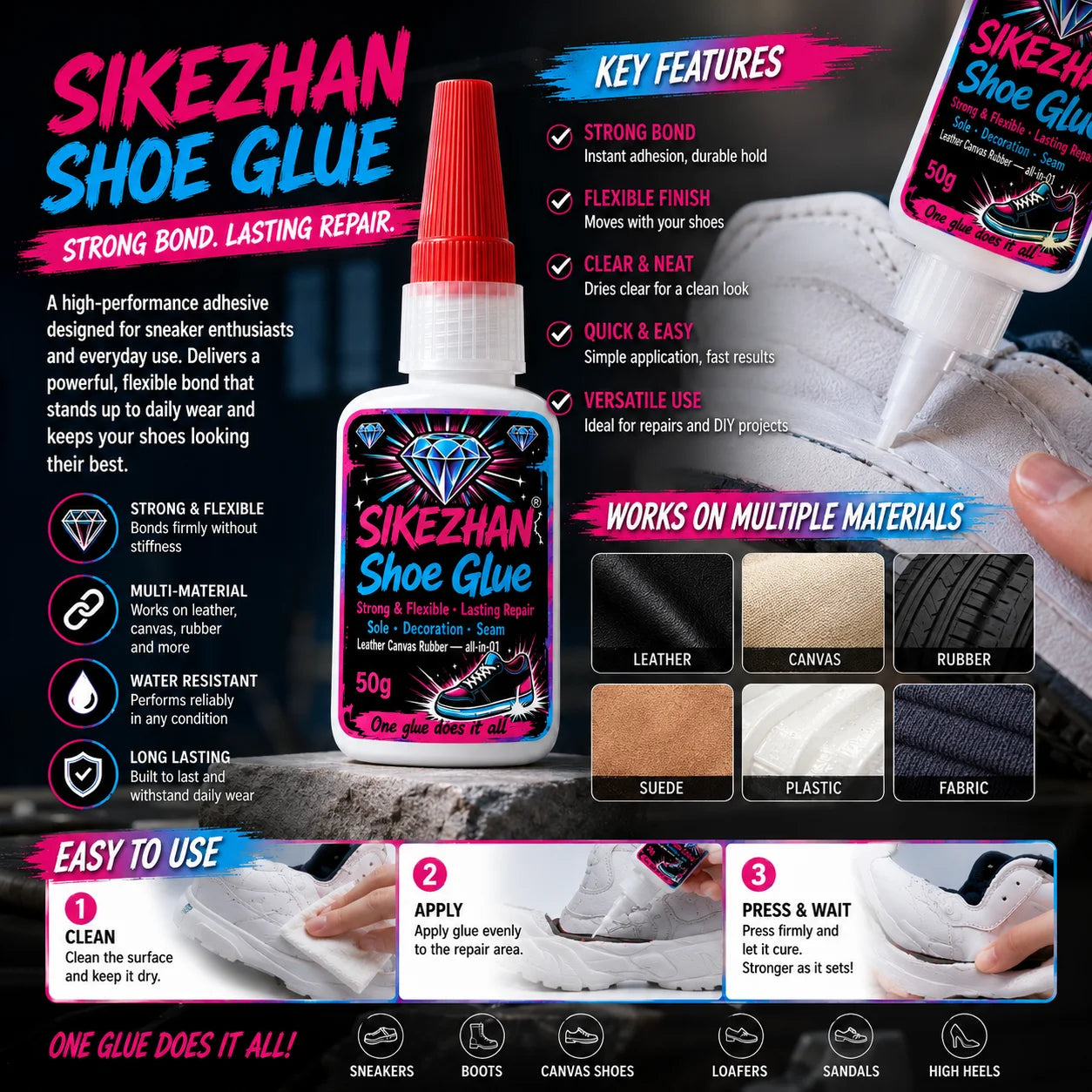 Quick Drying Sneaker Glue Professional Shoe Repair Adhesive for Sports Shoes Sole Separation Repair Transparent Liquid Gel 50g