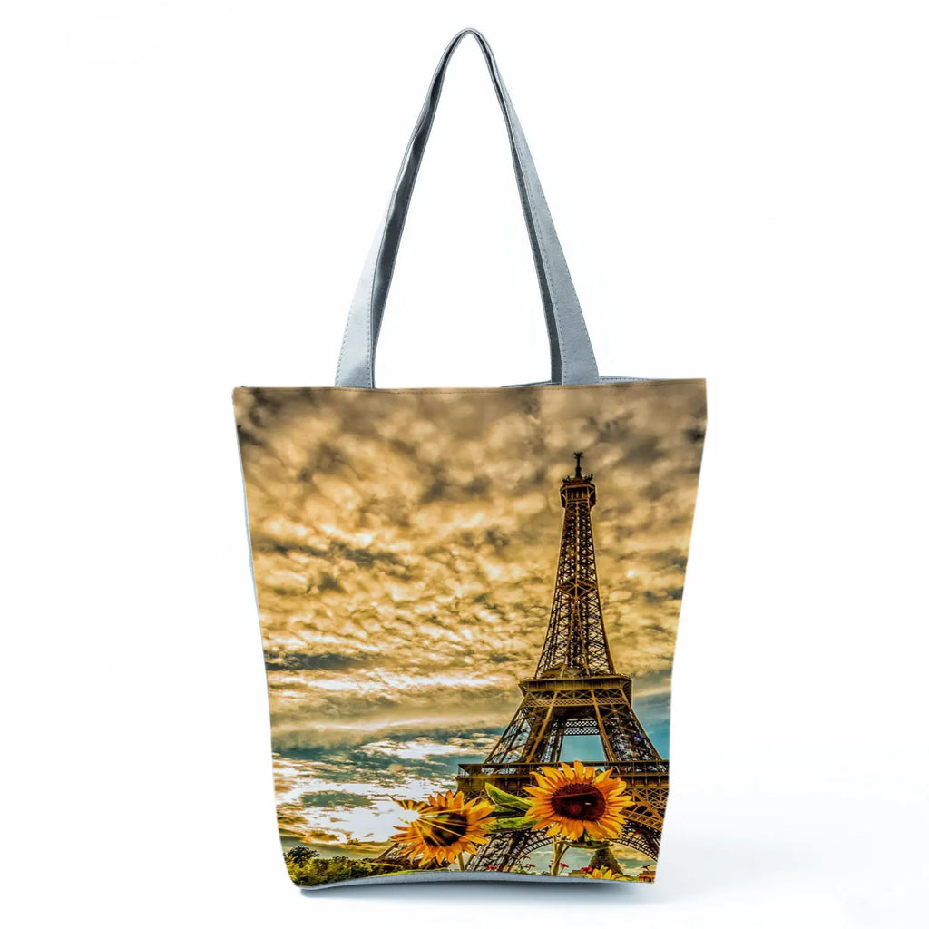 Floral Eiffel Tower Print Tote Bag Paris Landscape Shoulder Bag Fashion Pretty Handbags High Capacity Shopping Bag Eco Beach Bag