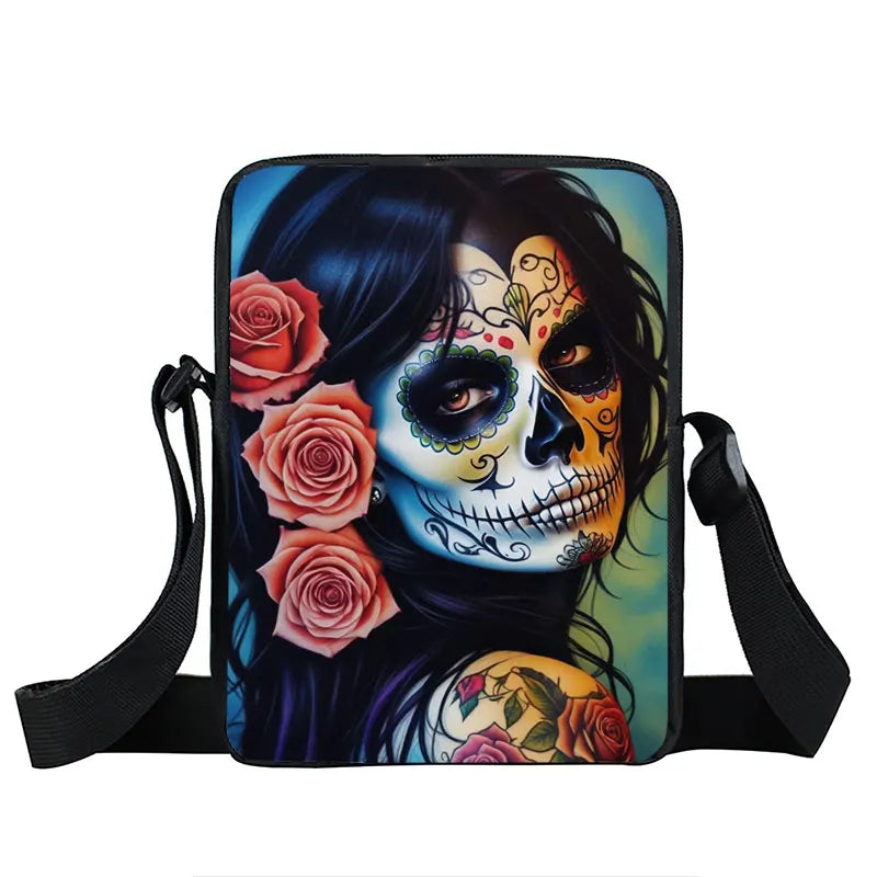 Skull Rose Butterfly Print Crossbody Bag Women Shoulder Bags for Travel Handbags Phone Holder Student Messenger Bags Gift