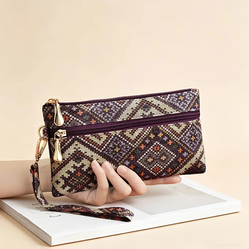 Ethnic Bohemian Chinese Style Womens Long Clutch Wallet Phone Pocket Portable Daily Travel Fashion Storage Hand Purse Accessory