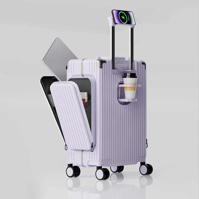 New-style three-opening multifunctional front-opening suitcase, 20-inch PC material with double side pockets, large-capacity tra