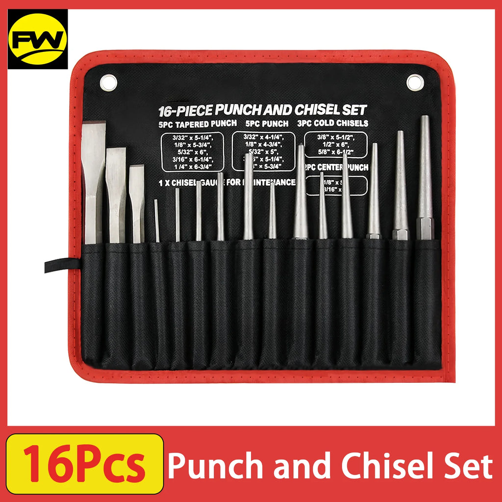 16Pcs Punch and Chisel Set With Storage Pouch, Including Taper, Cold Chisels, Pin, Center, Chrome Vanadium Steel