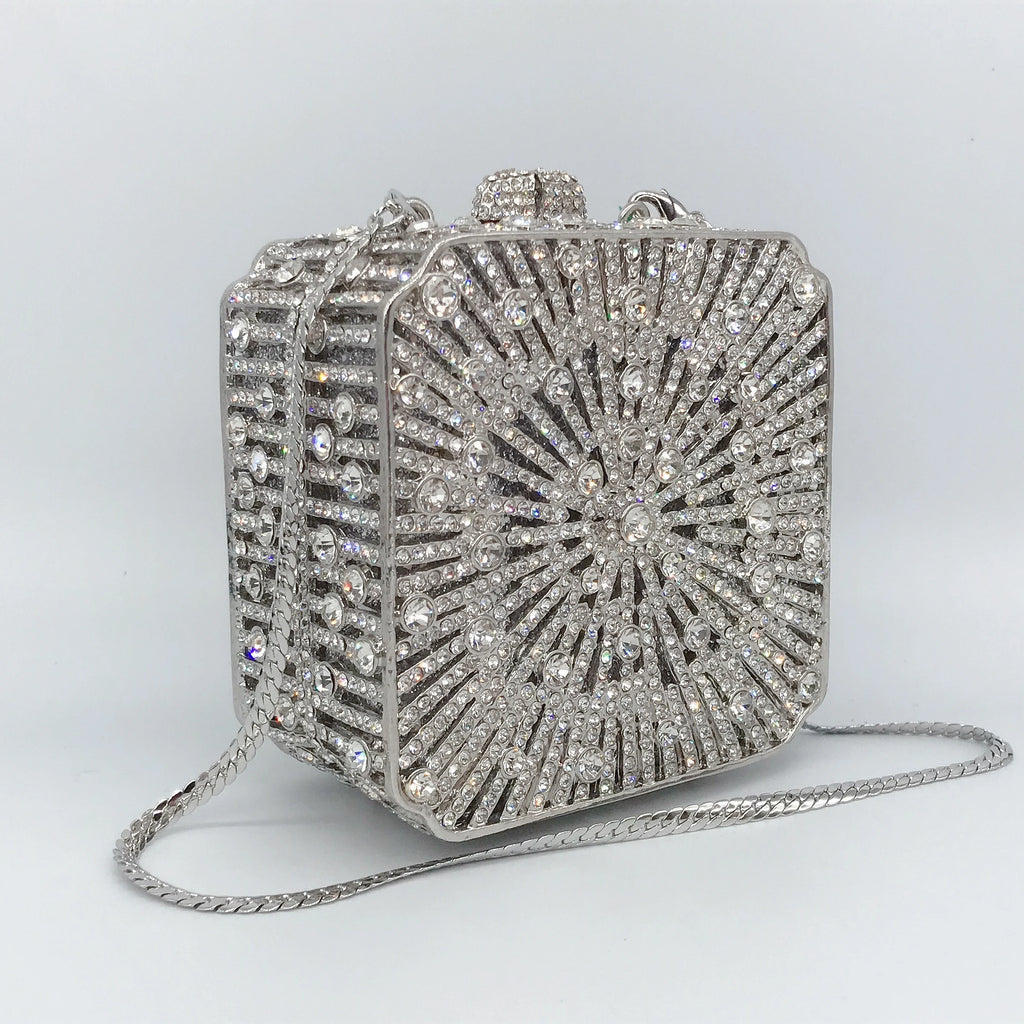 Women Clutch Bag Small Square Box, Full Cover Rhinestone Crystal Evening Bag, Handmade Bridal Party Wedding Prom Dinner Purse