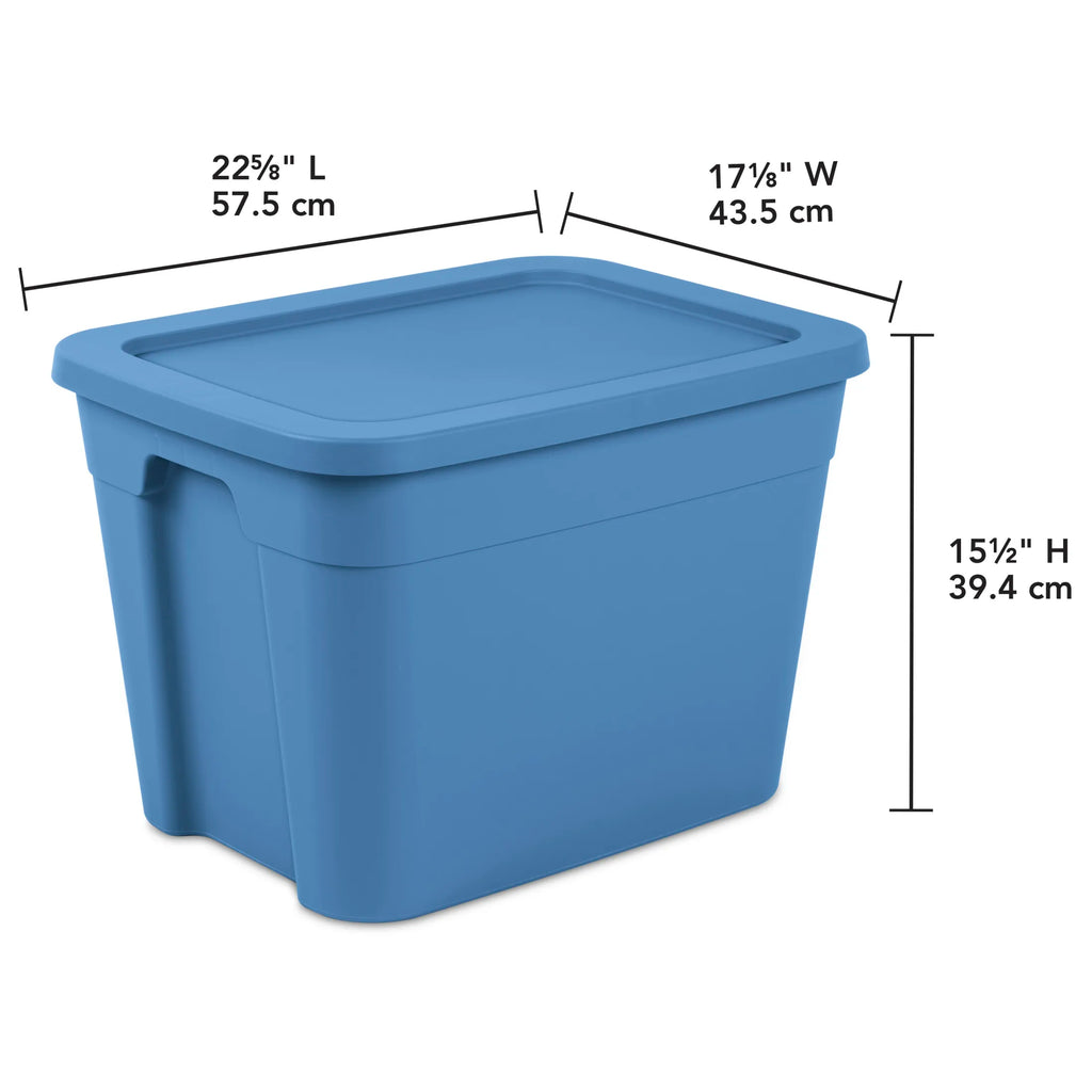 4 pack 18 gallon plastic storage tote with snap lid stackable blue
