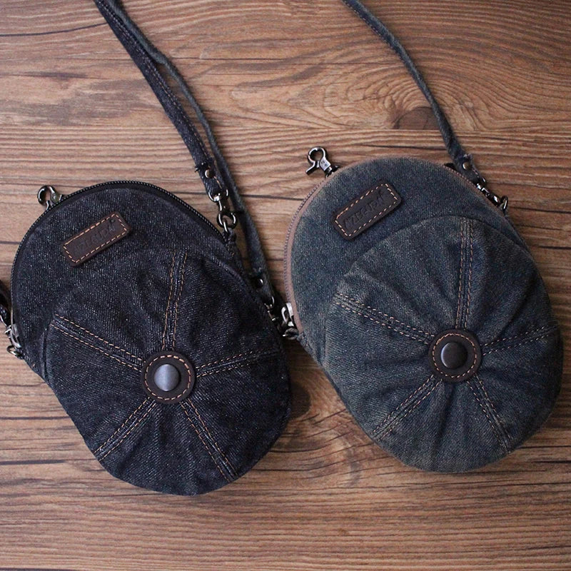 Retro Denim Mobile Phone Bag Unisex  Crossbody Casual Versatile Trendy Korean Style Zipper Closure Pure Color round Shape