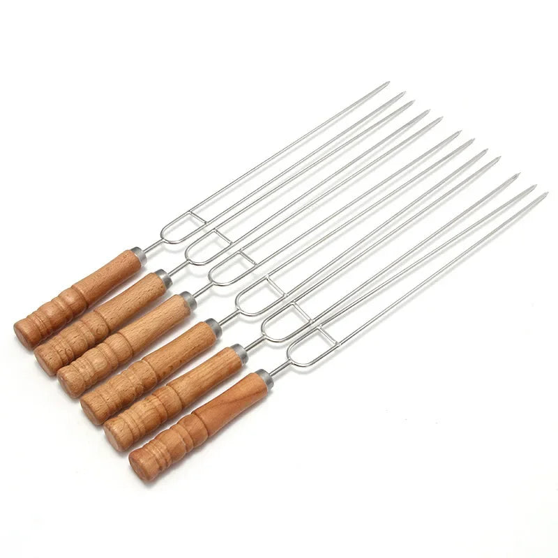 Outdoor Barbecue Needle Set Wire BBQ Skewers Wood Handle Grill Roasting Sticks Camping Tools Storage Bag Kit Beech wood handle