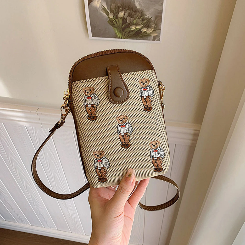 Canvas Embroidered Bear Mobile Phone Bag for Women Large Capacity Crossbody Bag with Compartments