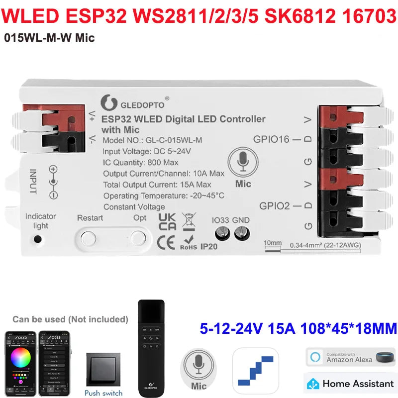 5GLEDOPTO ESP32 PWM WLED Dynamic LED Controller 5 in 1 DC12-24V WIFI App Control for RGBCCT RGBW RGB CCT DM WS2811/2B/3/5 Strip