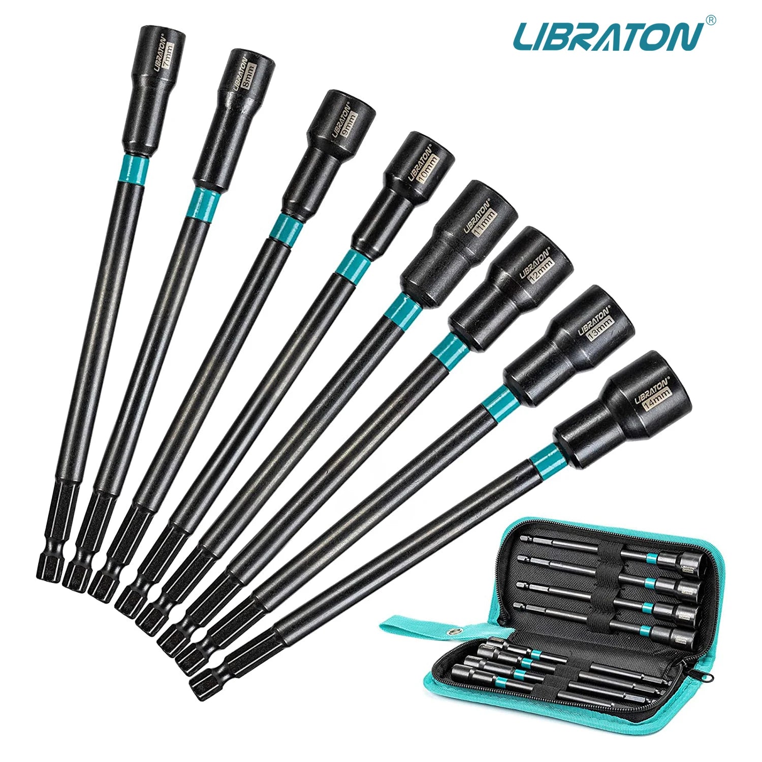 LIBRATON 8PCS Magnetic Nut Driver Set, Nut Drivers 6", Metric / SAE Nut Drivers, Shank Nut Driver Bits, 1/4"Hex Shank, Long Bits
