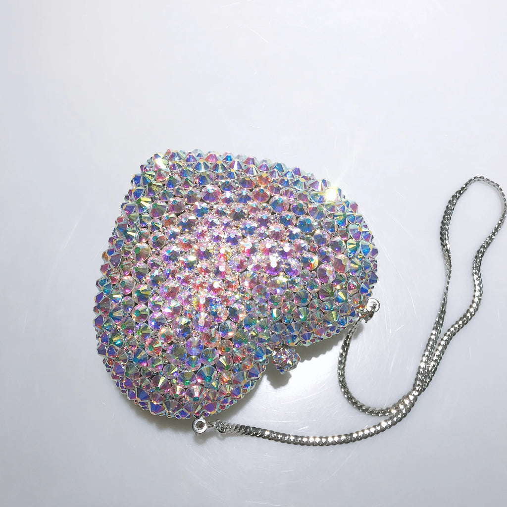 Factory Supply Love Heart Shape Handmade Diamond Chain Crystal Stone Wedding Dinner Portable Diamond Bag