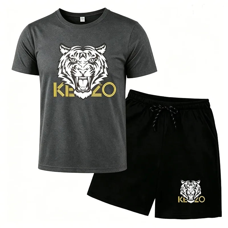 Summer new tiger head print casual suit men's short sleeved T-shirt+shorts two-piece set