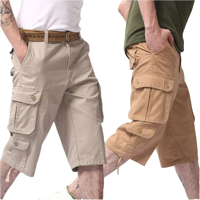 New Men's Seven Division of Labor Pants Trend Loose Large Size Cotton Five Points Shorts Men Multi Pocket 7 Points Pants
