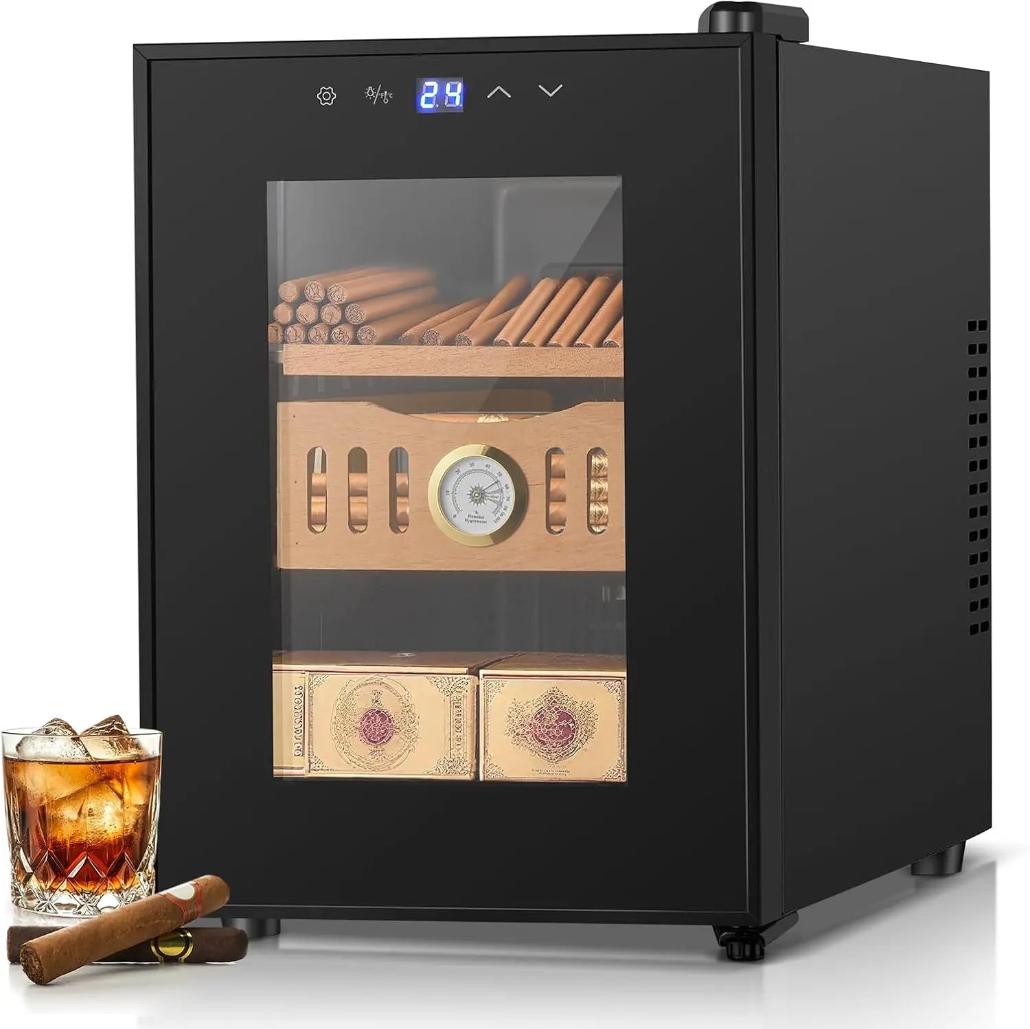 18L Cigar Humidor Cooler, 140-Capacity Electric Cigar Cabinet with Spanish Cedar Shelves, Temperature Control (61-71°F), 360° Air Circulation & Built-in Hygrometer, Triple Glass Door – Black