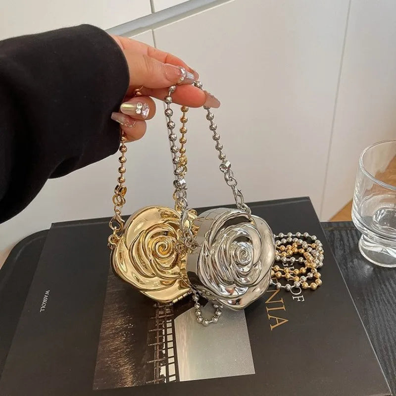 2026 new trendy camellia metal box bag handheld evening purse mini coin lipstick crossbody bag