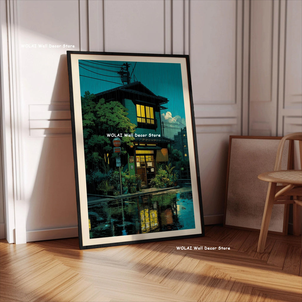 Anime Cafe Shop and Bicycle Canvas Poster Ghibli Work Anime Style Street Cafe Scene Wall Art Printing for Living Room Home Decor