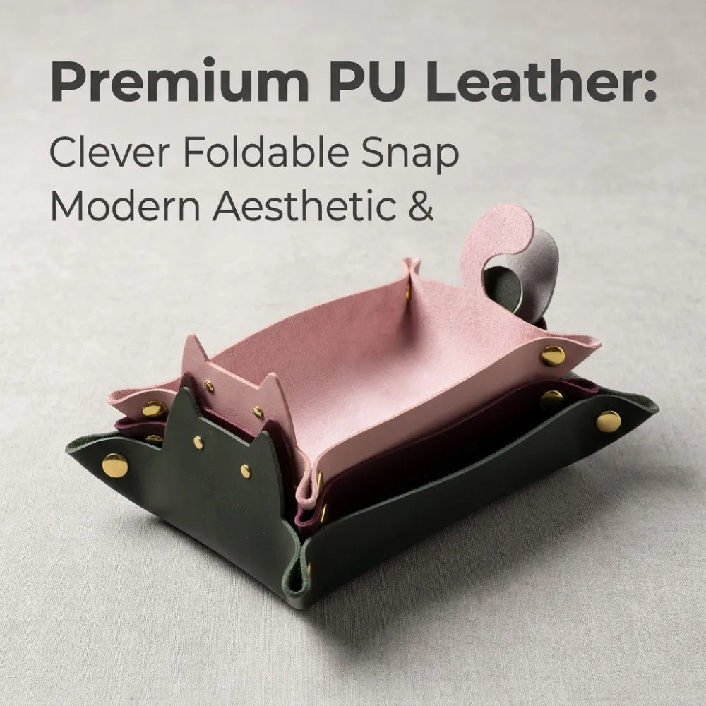 New Cute Cat Dice Tray with Metal Clasp Large Capacity Foldable for Easy Portable Desktop Storage with Artificial Leather Tray