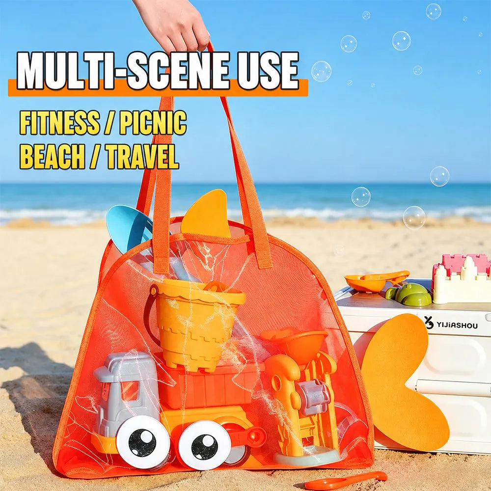 Cartoon Mesh Beach Bag Large Capacity Foldable Sand Toy Storage Tote Bag Lightweight Swim Pool Bag for Beach Travel Camping