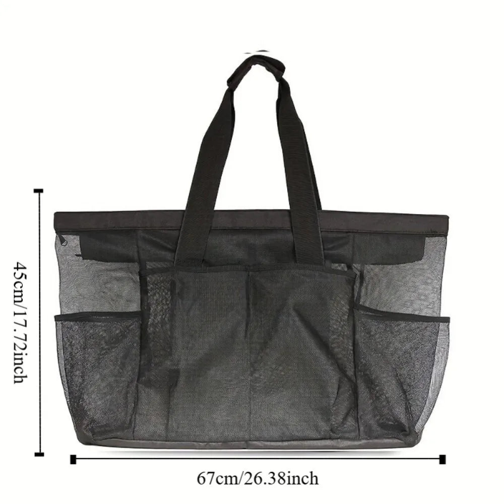 Large-Capacity Mesh Beach Handbag Drawstring Lightweight Beach Toy Baskets with Handle Snaps Portable Bath Storage Bag Towel