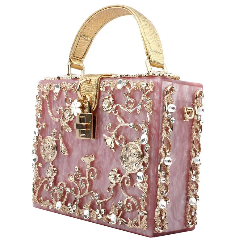 Box Designer evening bag diamond flower Clutch Bag hollow relief Acrylic luxury handbag banquet party purse women's Shoulder bag